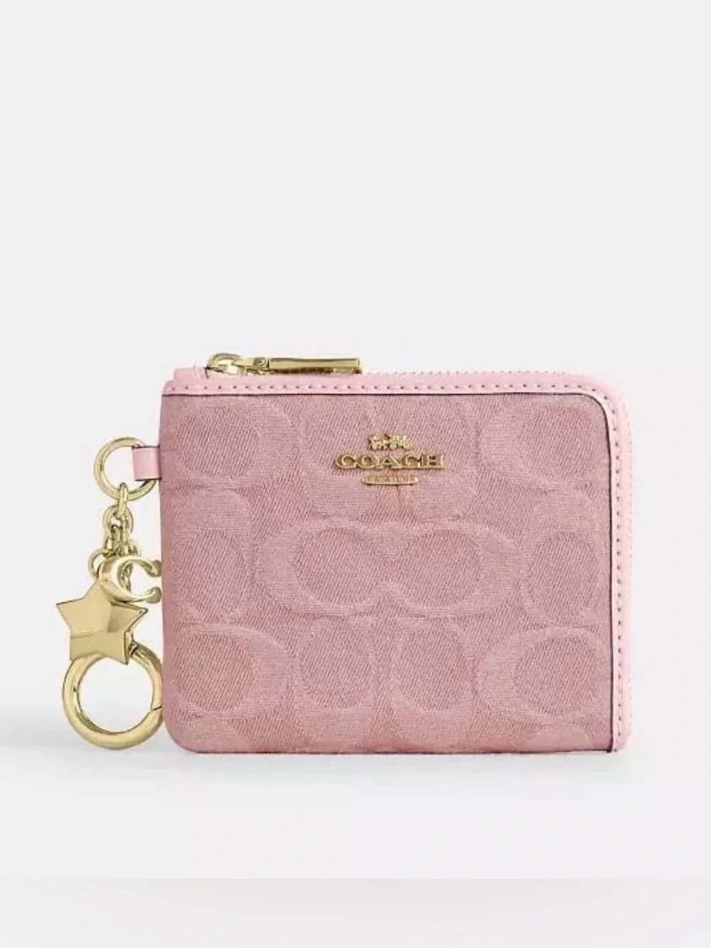 Coach Small Corner Zip Wallet with Charms in Gold/Light Pink Signature Denim NWT